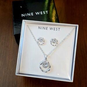 Nine West Swarovski's Boxed Necklace/Pierced Earrings Set Silver. NIB